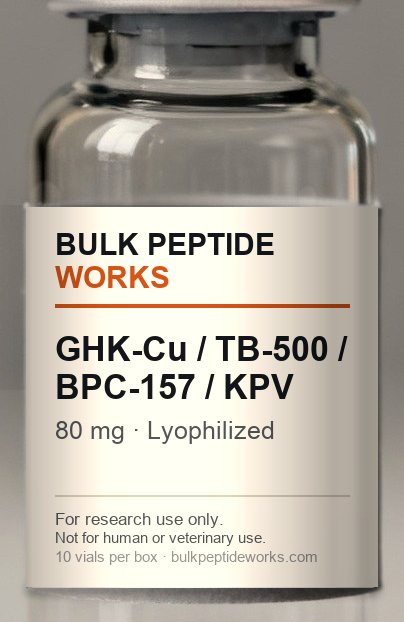 Vial of Blend: GHK-Cu 50 mg + TB-500 10 mg + BPC-157 10 mg + KPV 10 mg, labelled with the available strengths