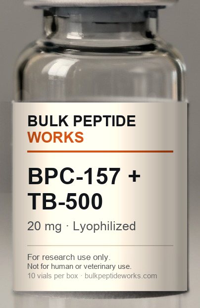 Vial of BPC-157 10 mg + TB-500 10 mg blend, labelled with the available strengths