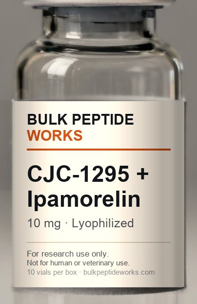 Vial of CJC-1295 no DAC 5 mg + Ipamorelin 5 mg blend, labelled with the available strengths